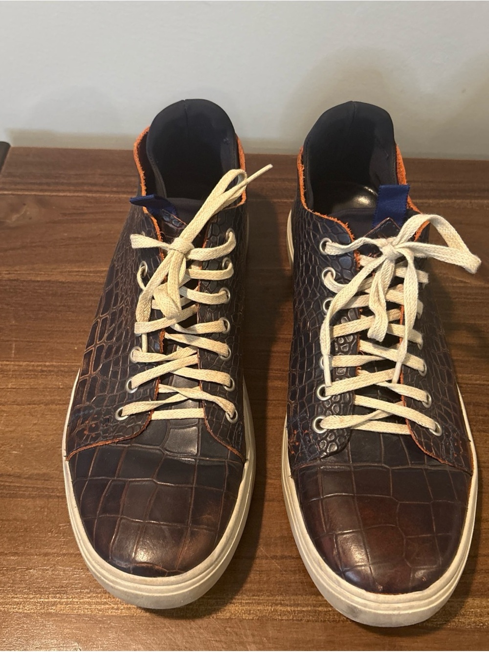 Donald J. Pliner Brown Croc-Embossed Lace-Up Sneakers with Cream Laces